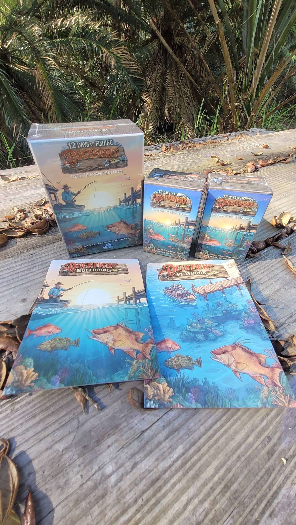12 Days of Fishing DOCKFIGHT game box, rulebook, and playbook prototype