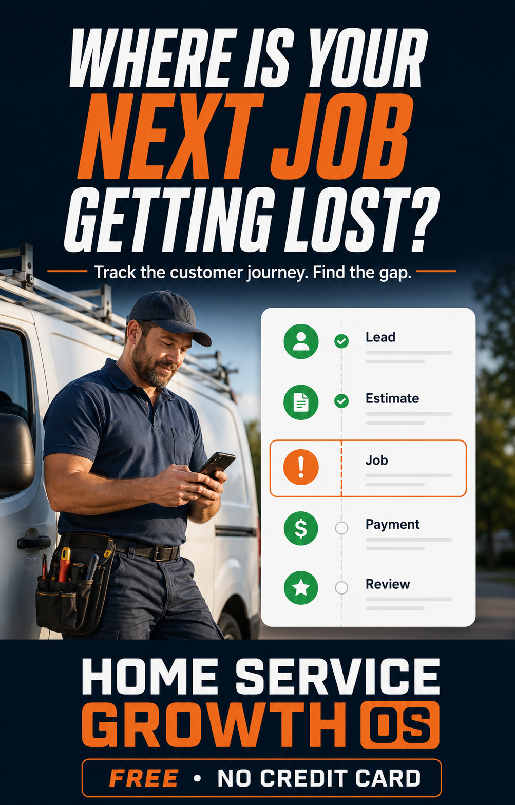 Home Service Growth OS poster asking where your next job is getting lost
