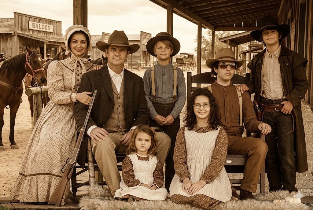 Lance Adcock with his family in western period clothing