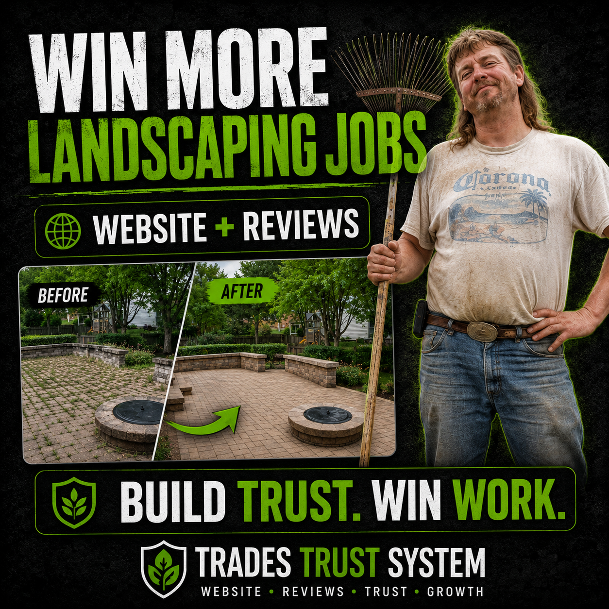 Graphic saying win more landscaping jobs with website and reviews