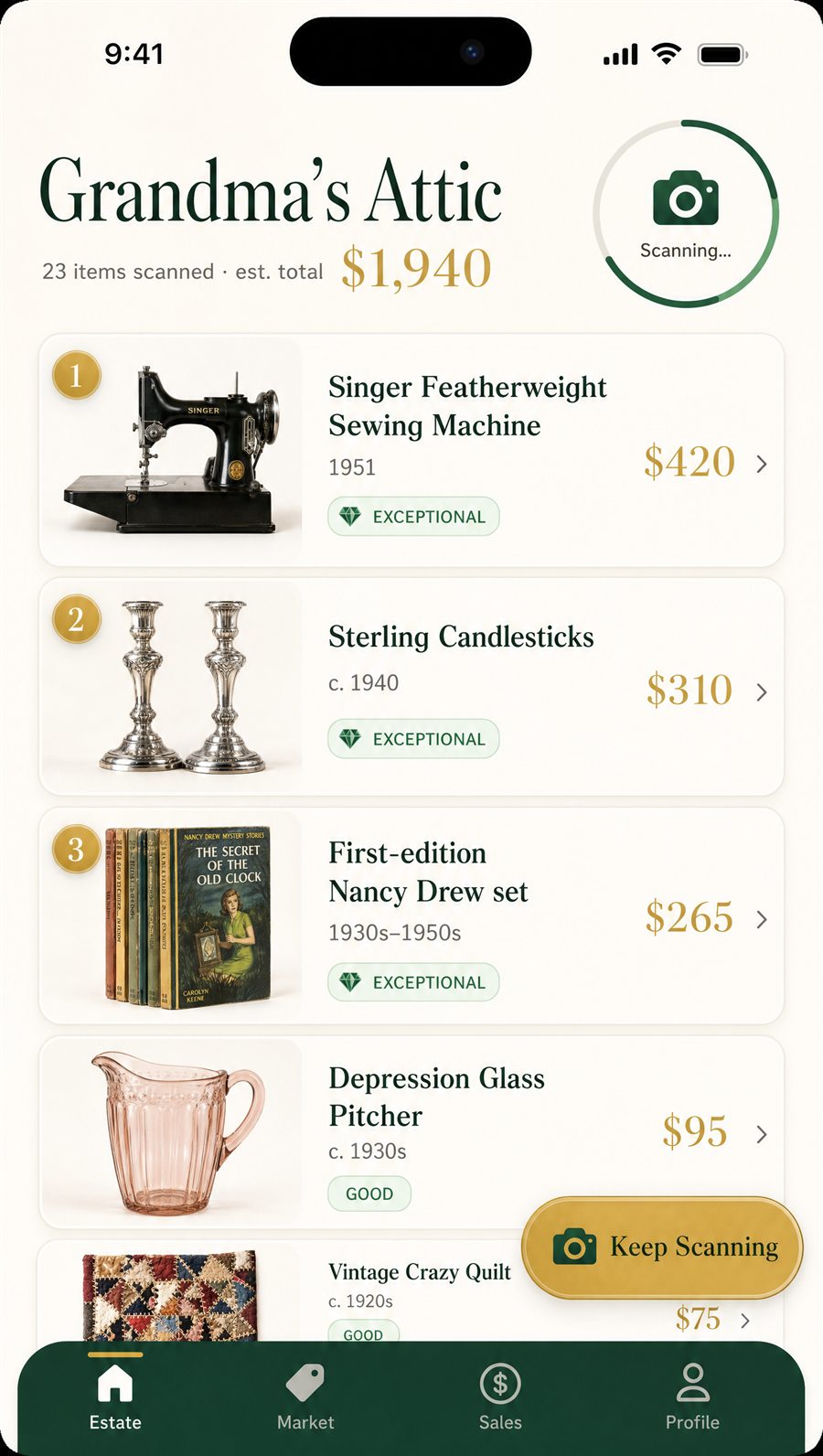 Worth estate scan list showing appraised attic finds