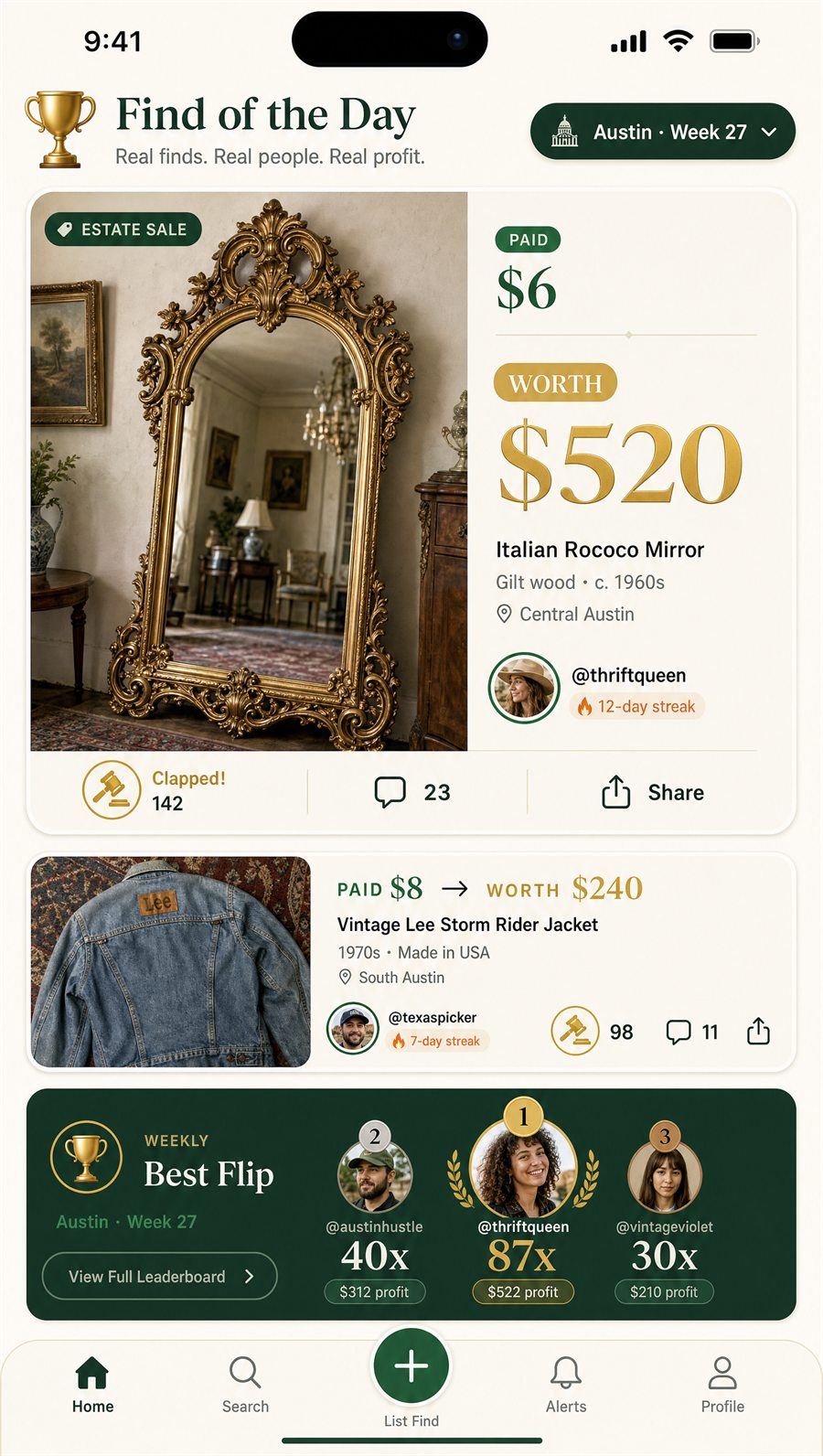 Worth community feed screen showing find of the day and resale profit