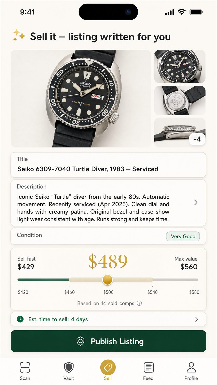 Worth sell screen with listing copy and suggested price
