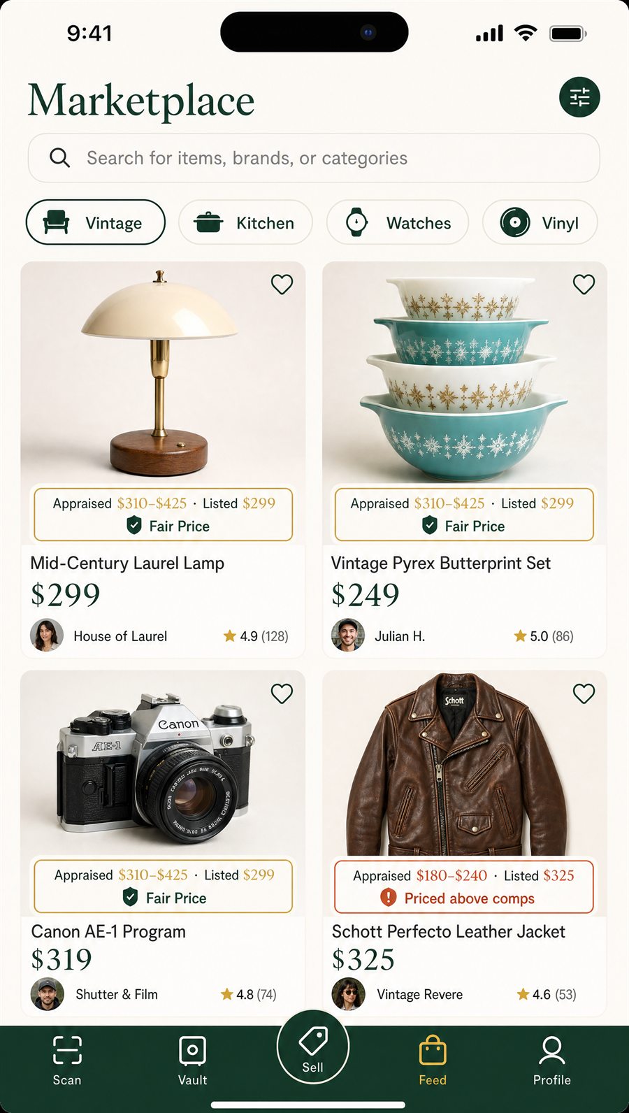 Worth marketplace screen with appraisal-backed listings
