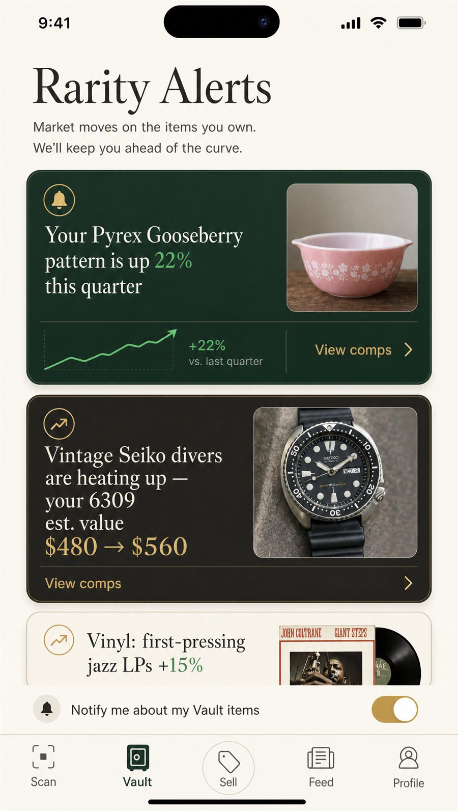 Worth rarity alerts screen showing market movement for owned items