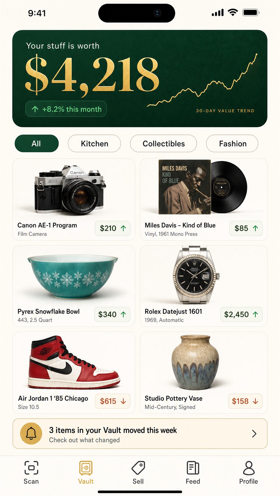 Worth Vault screen showing saved items and value trend